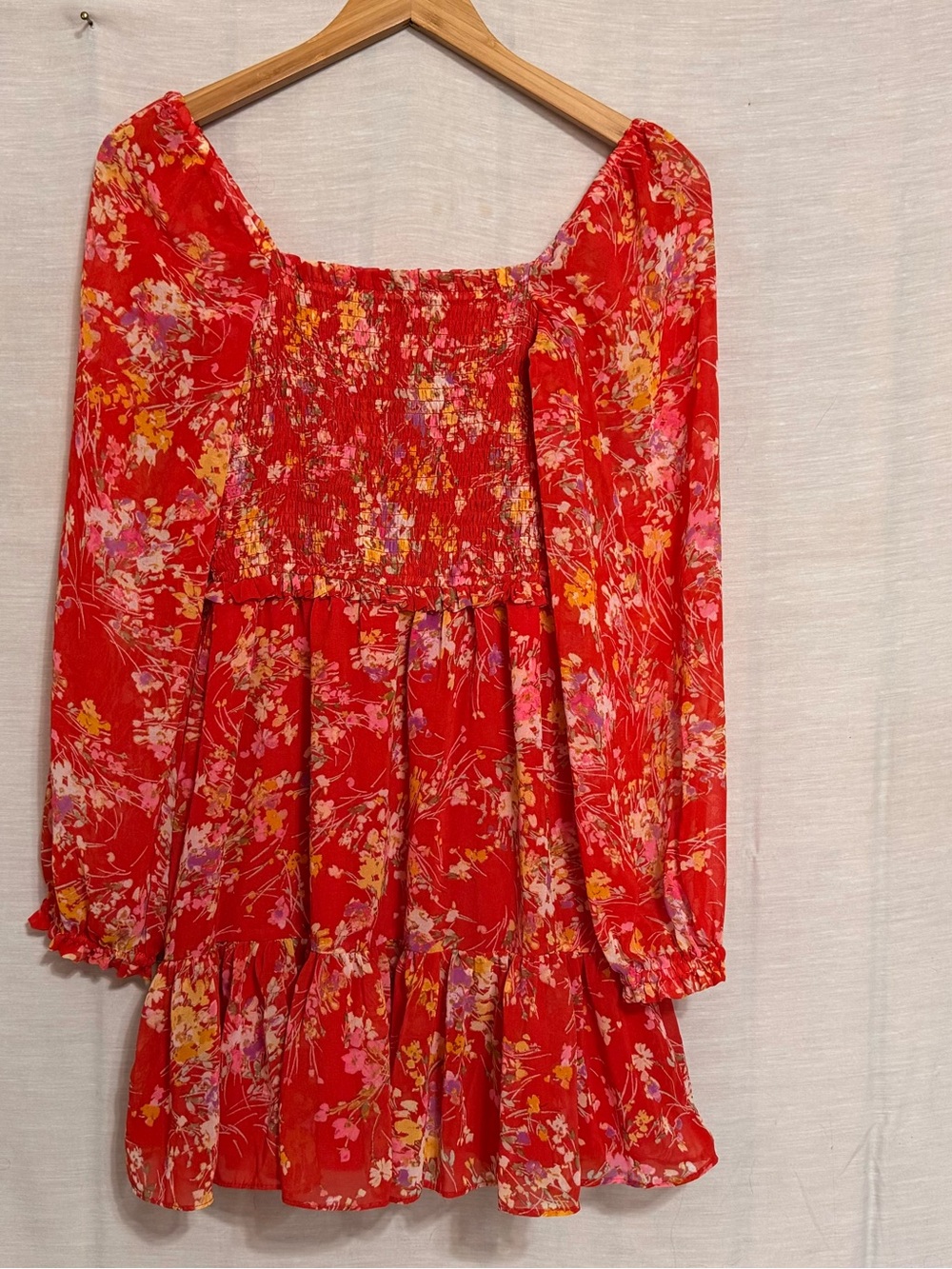 1.STATE Red Floral Smocked Puff Sleeve Mini Dress XS
